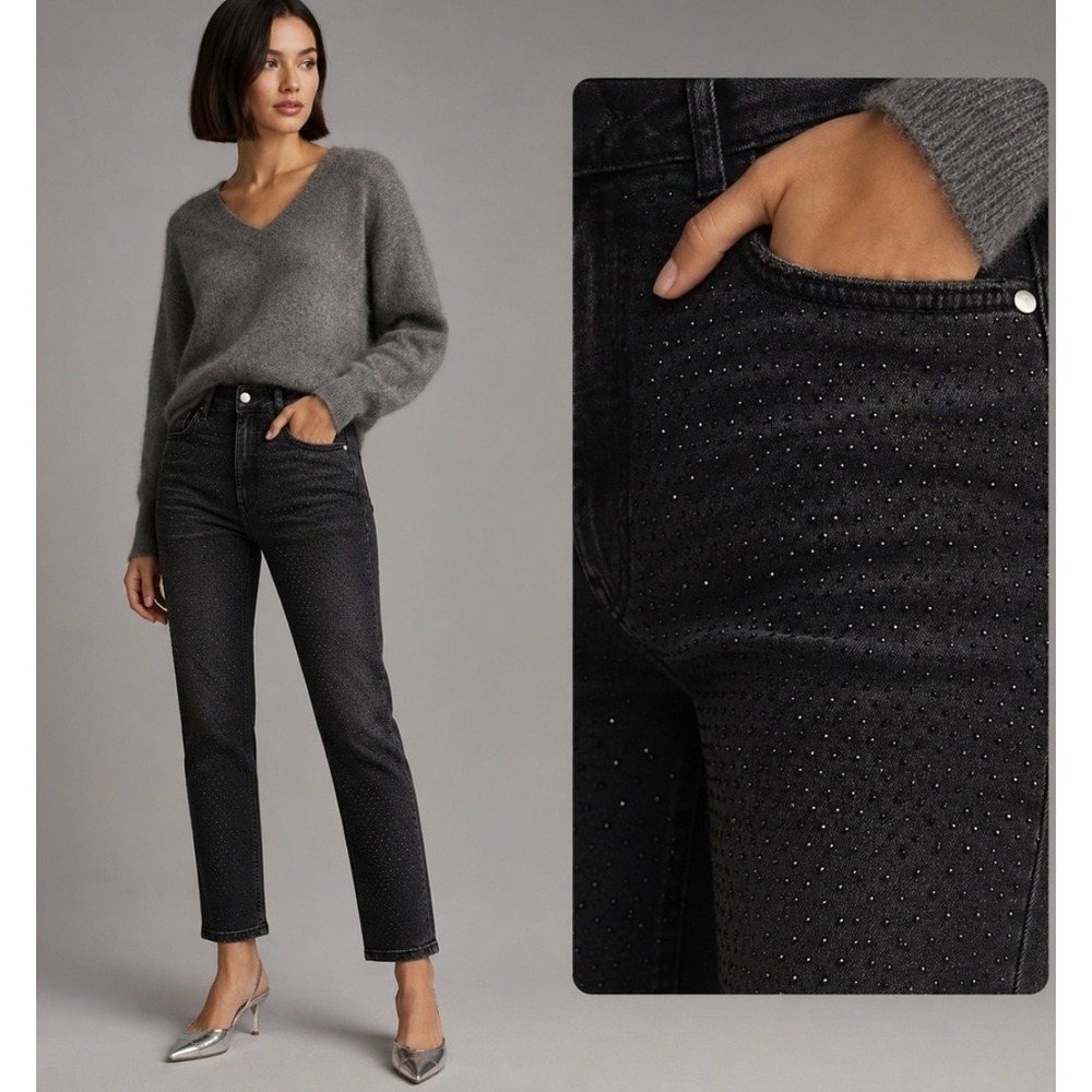Anthropologie PILCRO The Gem High Rise Straight Jeans Gray Black Sz 24 Glam Chic